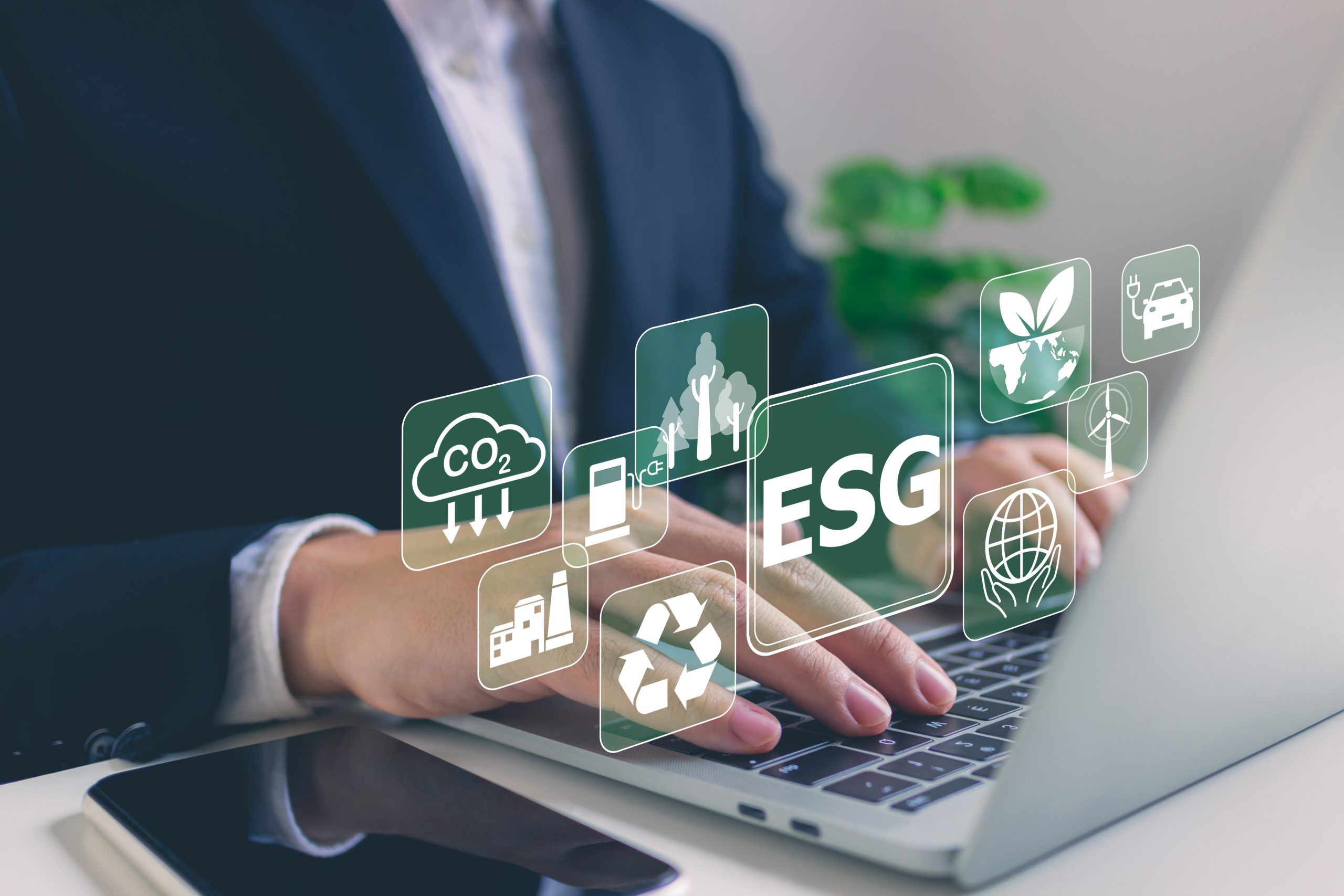 Businessman analyze investment sustainability ESG icons.ESG envi