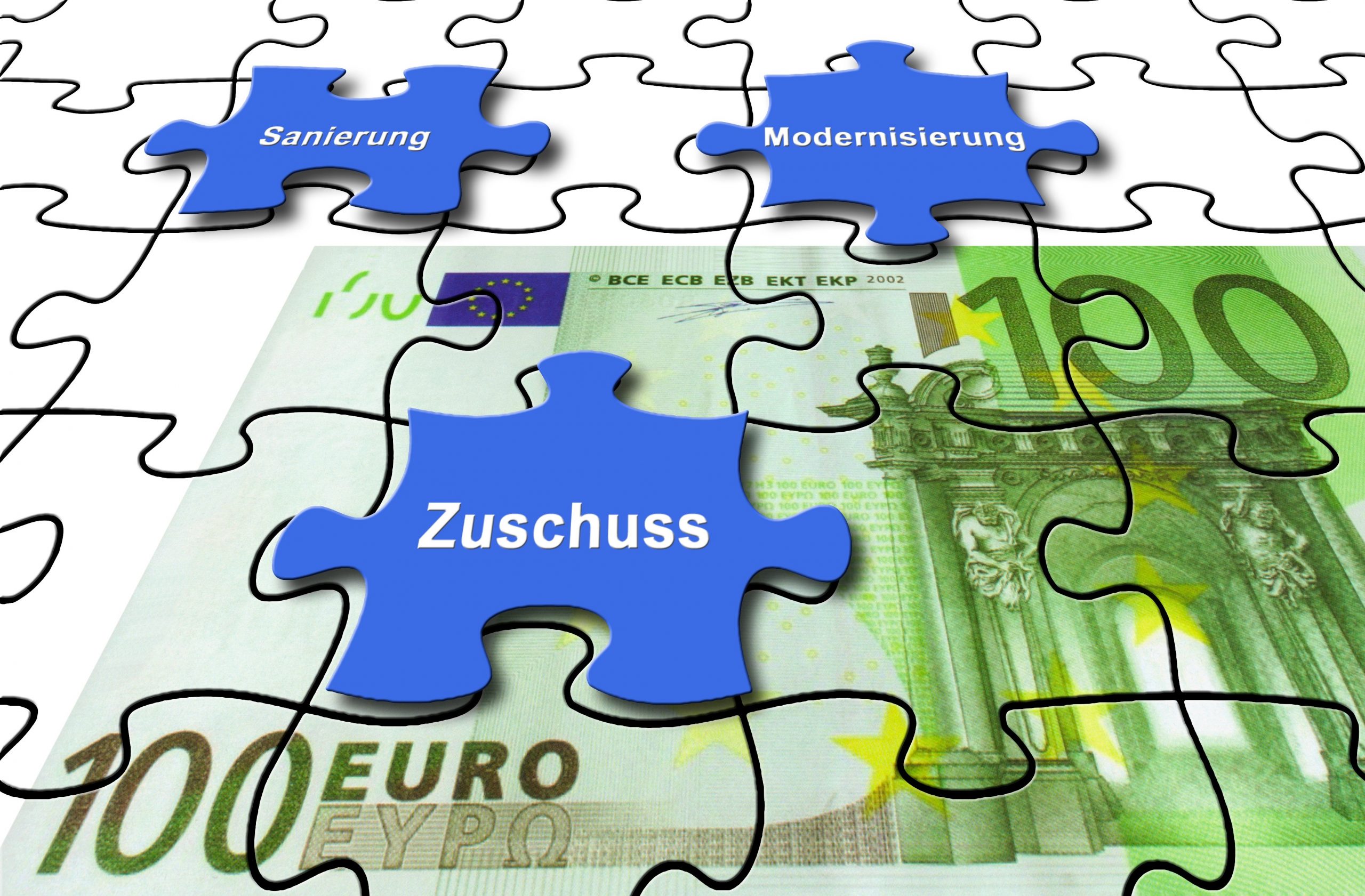 Förderung 18 / Puzzle 100-Euro-Schein "Zuschuss, Sanierung, Modernisierung"